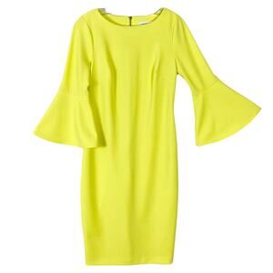 NWOT CALVIN KLEIN Dress 4 Yellow Bell-Flounce-3/4-Sleeve Gold-Zip-Back Stretchy